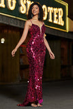 Brilhante Sereia Esparguete Correias Fuchsia Sequins Long Prom Dress com Acessórios set