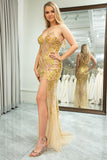 Deslumbrante Sereia Esparguete Correias Golden Split Front Prom Dress com Acessórios set