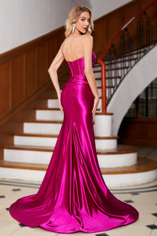 Hot Pink Strapless cetim Corset longo vestido de baile com acessório