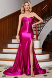 Hot Pink Strapless cetim Corset longo vestido de baile com acessório