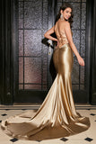 Sereia Golden Spaghetti Straps Prom Dress com Acessório