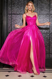 Hot Pink A-Line Long Corset Prom Dress com Acessório