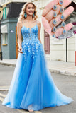Azul A Line Appliques Tule Long Prom Dress com Acessório