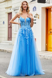 Azul A Line Appliques Tule Long Prom Dress com Acessório