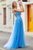 Azul A Line Appliques Tule Long Prom Dress com Acessório