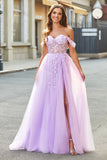 Off the Shoulder Appliques Tulle Corset Prom Dress com Acessório