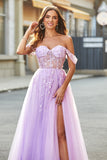 Off the Shoulder Appliques Tulle Corset Prom Dress com Acessório