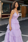Purple Princess Uma Linha Tiered Corset Prom Dress com Acessório