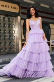 Purple Princess Uma Linha Tiered Corset Prom Dress com Acessório