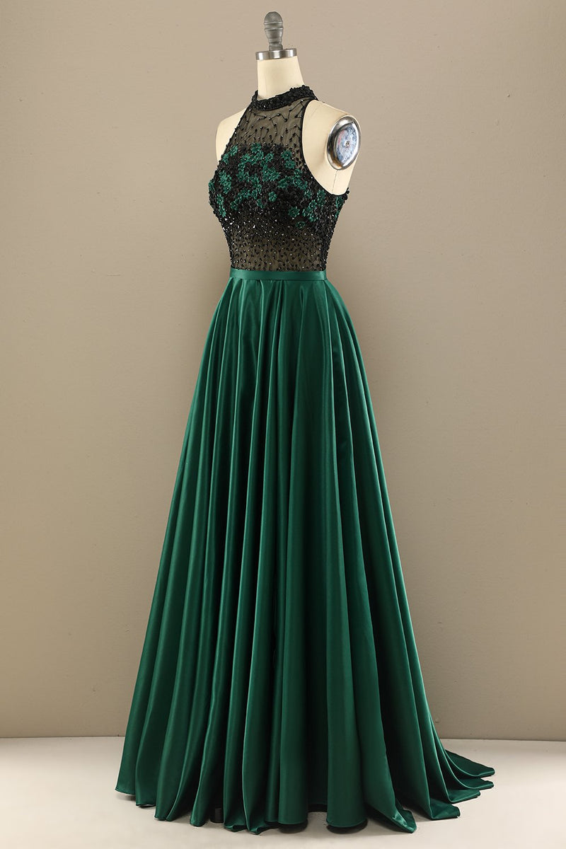Carregar imagem no visualizador da galeria, Vestido Verde Escuro Longo Frisada Baile Com Flores