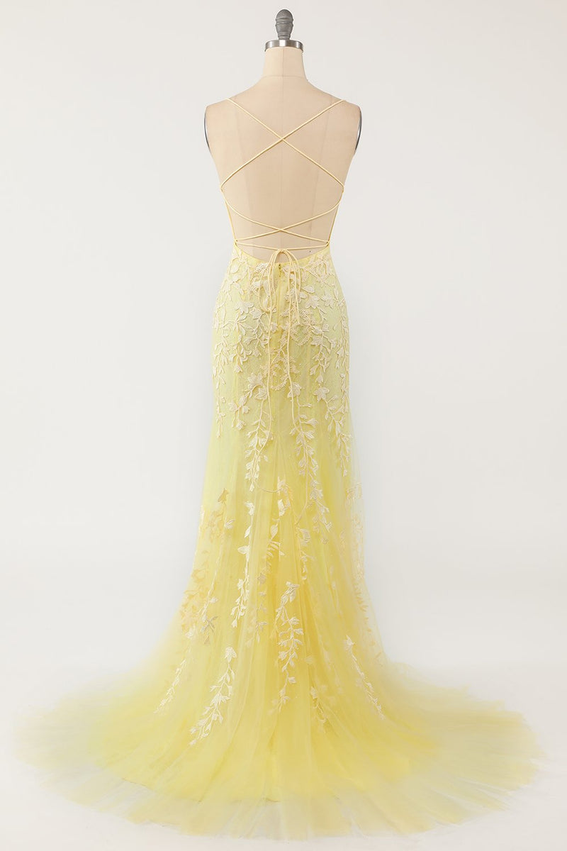 Carregar imagem no visualizador da galeria, Vestido de baile longo da sereia amarela com apliques