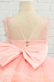 Vestido de menina de flor de tulle de missanga rosa com arco