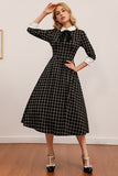 Vestido de balanço Midi xadrez preto vintage