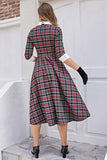 Vestido de balanço Midi xadrez preto vintage