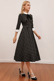 Vestido de balanço Midi xadrez preto vintage