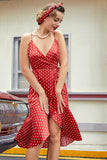 Vermelho Bolinhas Brancas Vestido Assimétrico