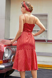 Vermelho Bolinhas Brancas Vestido Assimétrico