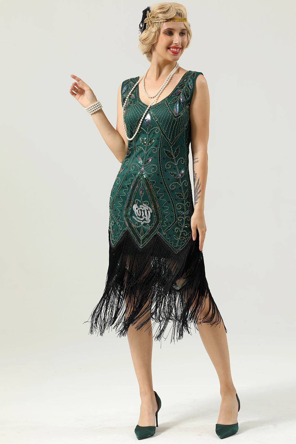 Dark Green Beaded Glitter Fringe 1920s Flapper Dress