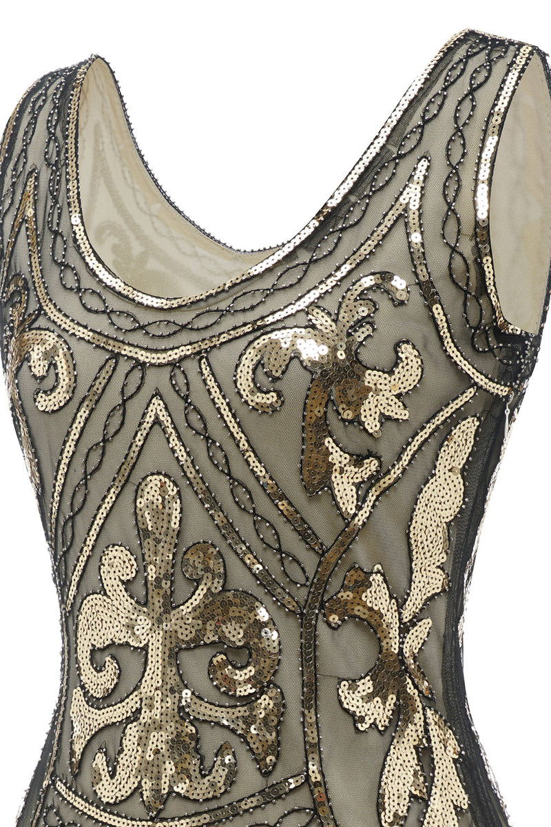 Carregar imagem no visualizador da galeria, Vestido de flapper de lantejoulas de ouro V 1920
