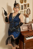 Vestido de paetês azul royal plus tamanho 1920 com paetês