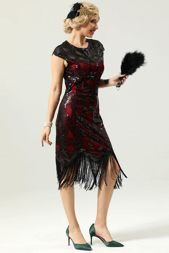 Vestido de lantejoulas de Borgonha dos anos 1920 com borla