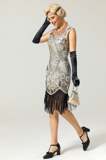 Vestido franja de lantejoulas prateado dos anos 1920
