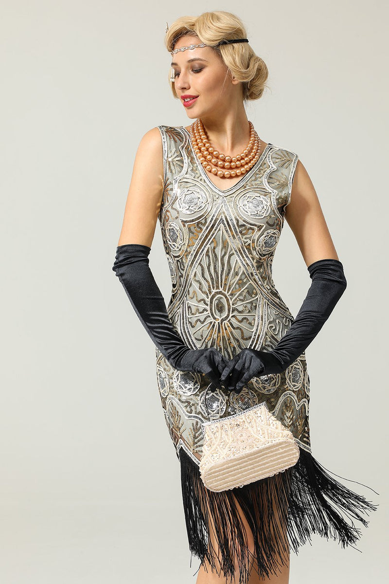 Carregar imagem no visualizador da galeria, Vestido franja de lantejoulas prateado dos anos 1920