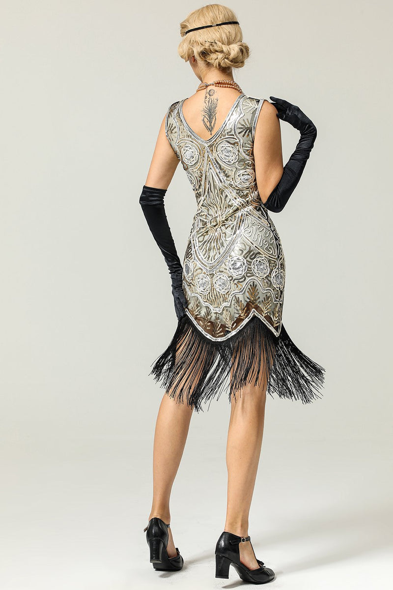 Carregar imagem no visualizador da galeria, Vestido franja de lantejoulas prateado dos anos 1920