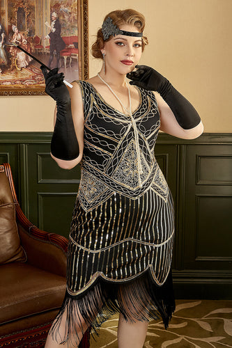 Lantejoulas pretas franjas plus tamanho 1920s Flapper Dress