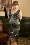 Lantejoulas pretas franjas plus tamanho 1920s Flapper Dress