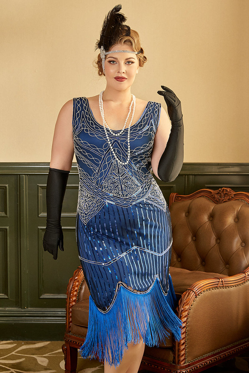 Zapaka Mulheres 1920 Vestido Azul Royal Plus Size Colher Gola Sem Mangas  Gatsby Vestido com Franjas – ZAPAKA PT