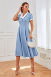 Vestido azul de balanço dos anos 50 com bolsos