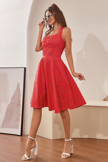 Vestido vermelho de bolinhas halter dos anos 50