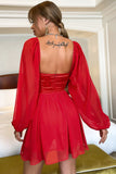 Vestido de coquetel de mangas de puff vermelho