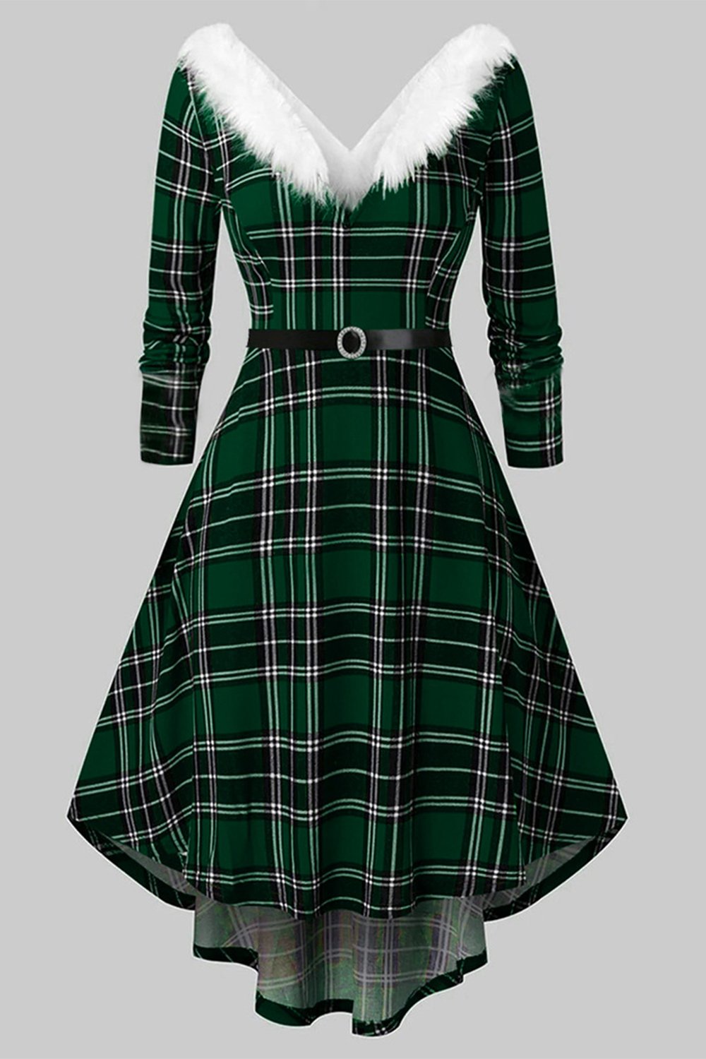 V Pescoço Manga Comprida Vestido de Natal xadrez