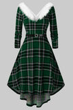 V Pescoço Manga Comprida Vestido de Natal xadrez