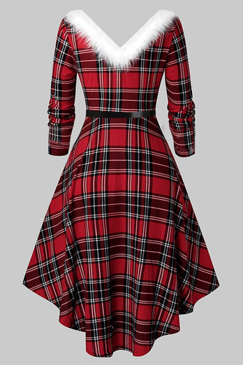 V Pescoço Manga Comprida Vestido de Natal xadrez