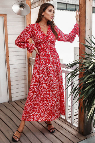 Vestido casual de impressão floral vermelha
