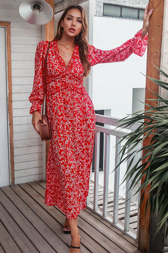 Vestido casual de impressão floral vermelha