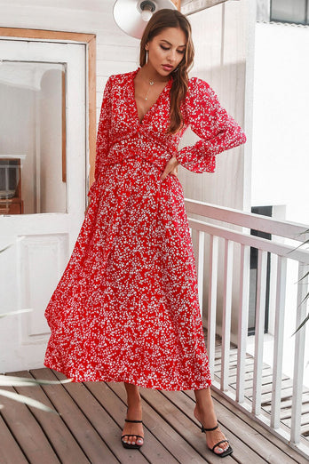 Vestido casual de impressão floral vermelha