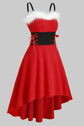 Vestido de festa de Natal vintage vermelho com pena