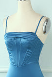 Cintas de espaguete azul vestido de hoco apertado