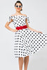 Carregar imagem no visualizador da galeria, Branco Fora-ombro Vestido Com Bolinhas Pretas