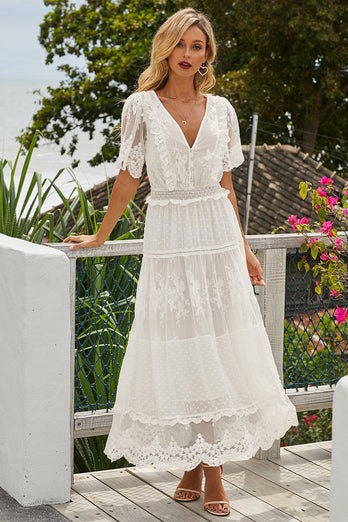 V Pescoço Mangas Curtas Renda Vestido de verão