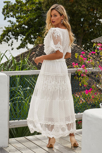 V Pescoço Mangas Curtas Renda Vestido de verão