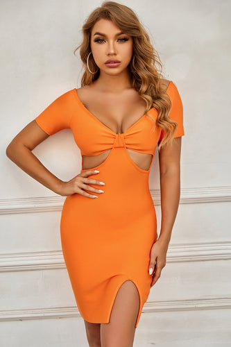 Sexy v pescoço laranja vestido de cocktail