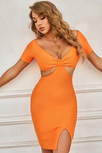 Sexy v pescoço laranja vestido de cocktail