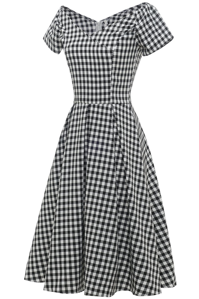 Carregar imagem no visualizador da galeria, Vestido preto e branco xadrez vintage de 1950