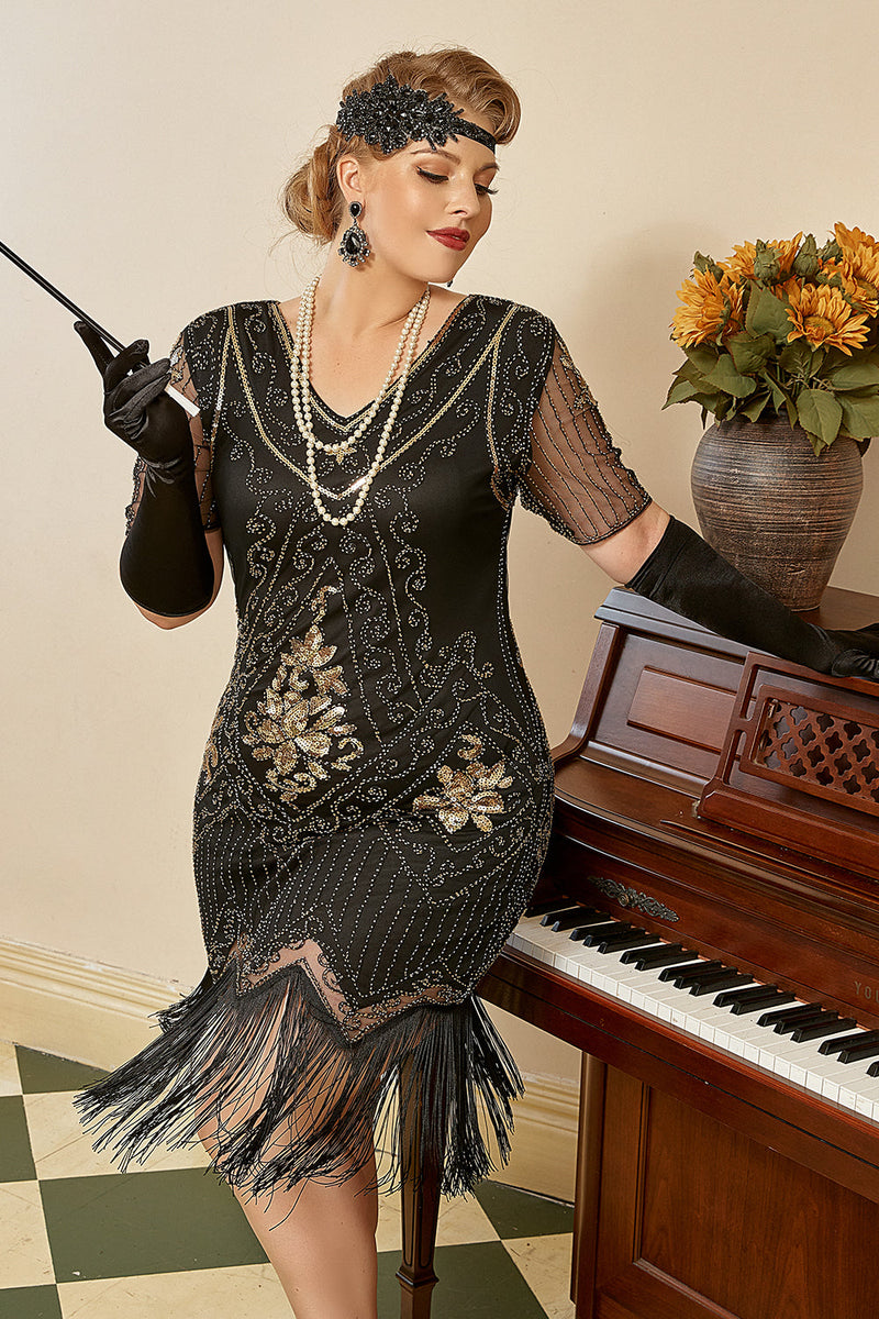 Carregar imagem no visualizador da galeria, Plus Size 1920s Gatsby Sequin Fringed Paisley Flapper Dress