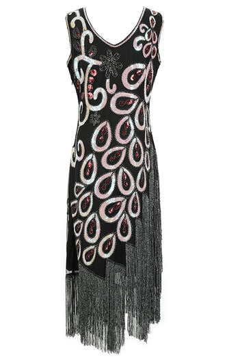 Vestido de flapper de pescoço de V assimétrico de 1920